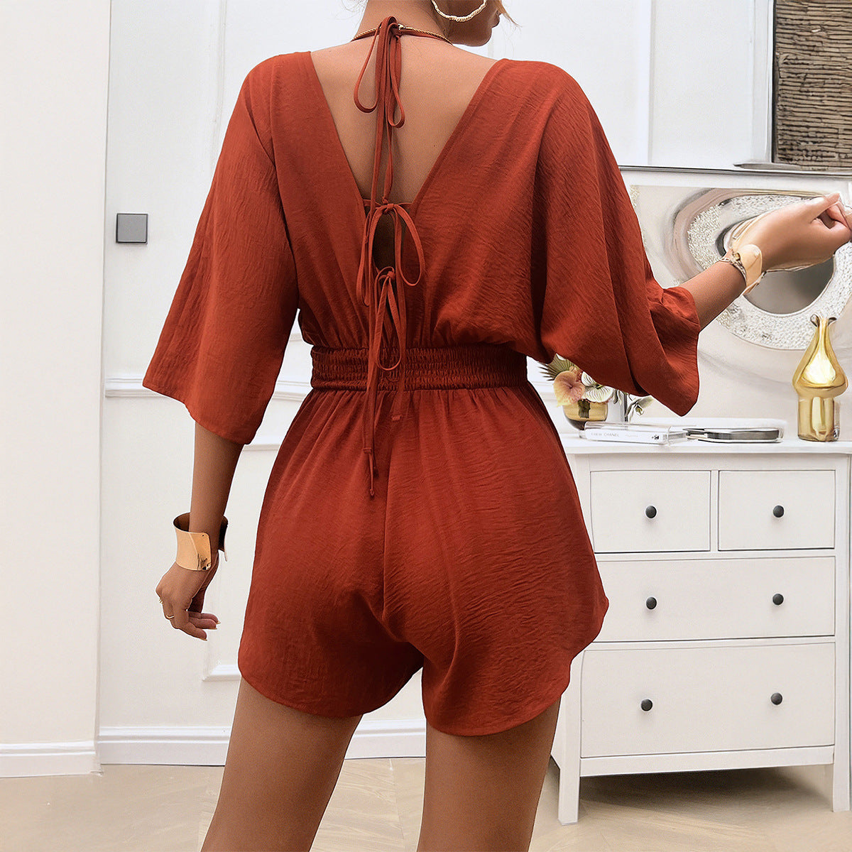 Short Rompers V-Neck Waist Tie Jumpsuit Sexy