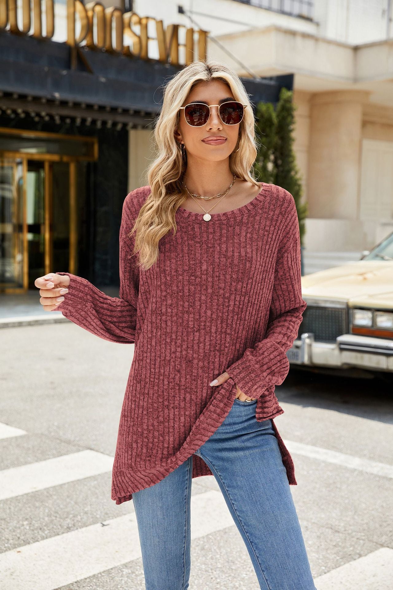 Crew Neck Loose Long-sleeved Split Top