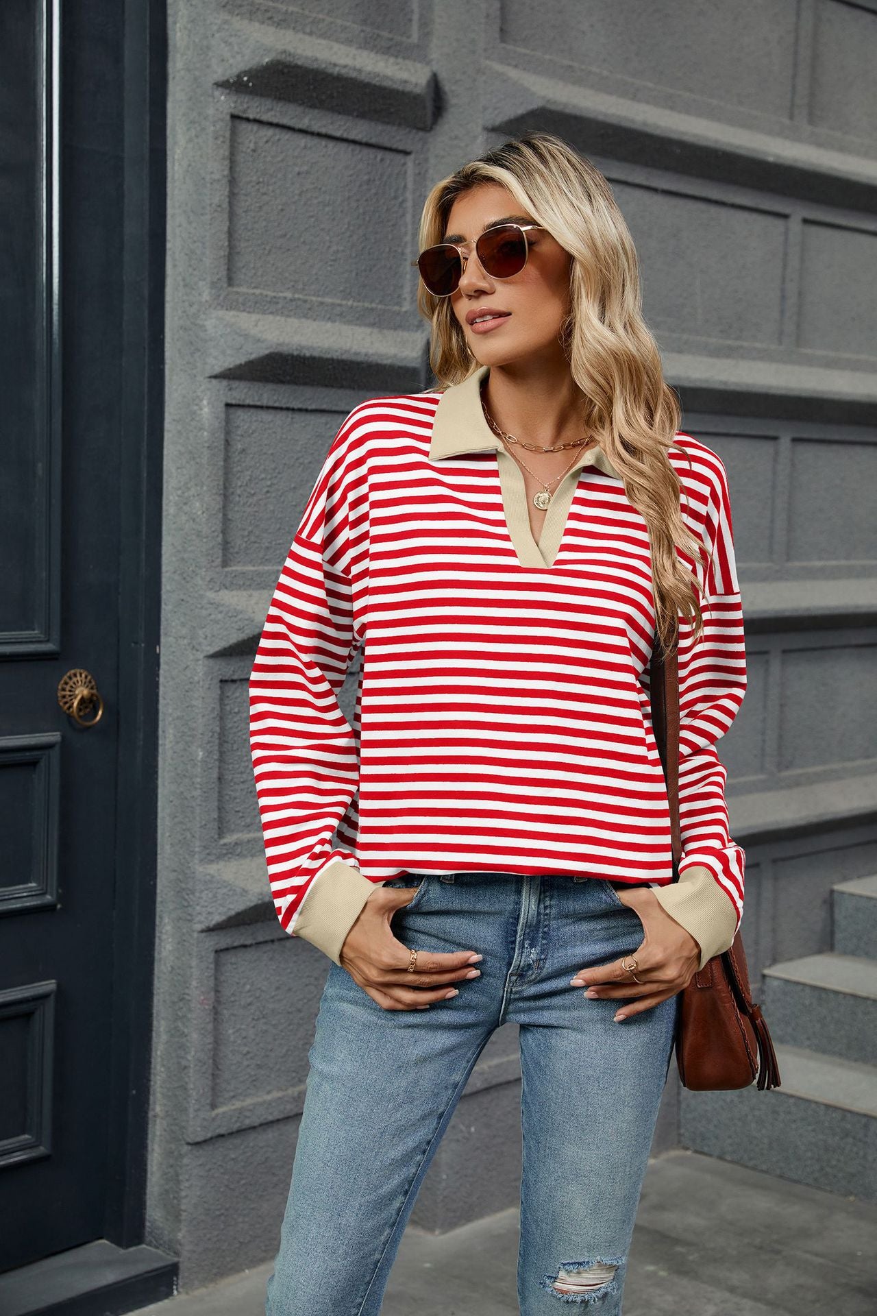 Lapel Loose Long Sleeve Striped Sweater