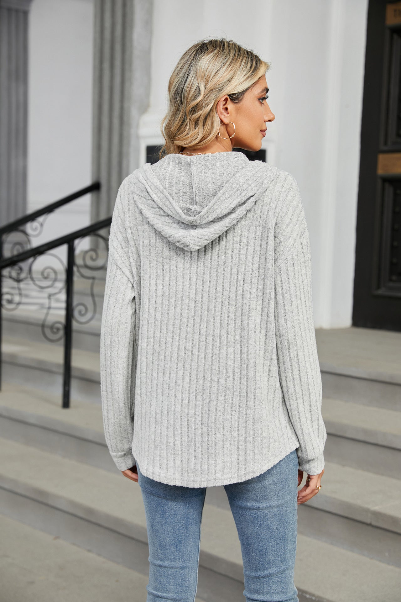 Solid Color Button Hooded Pocket Loose Sweater