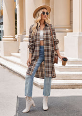 Women's Casual Fashion Loose Long Trench Coat Plaid Shirt