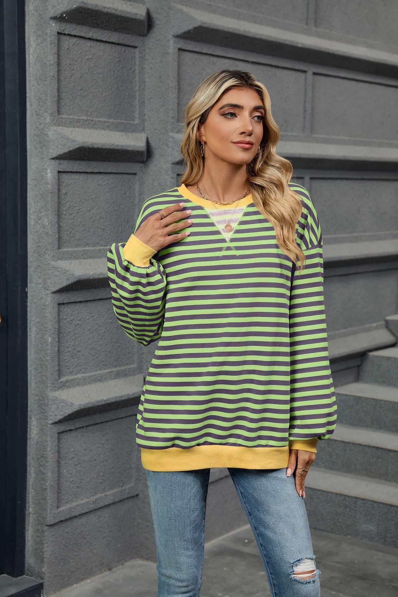 Contrasting Color Splicing Loose Long-sleeved Striped Crew Neck Sweater