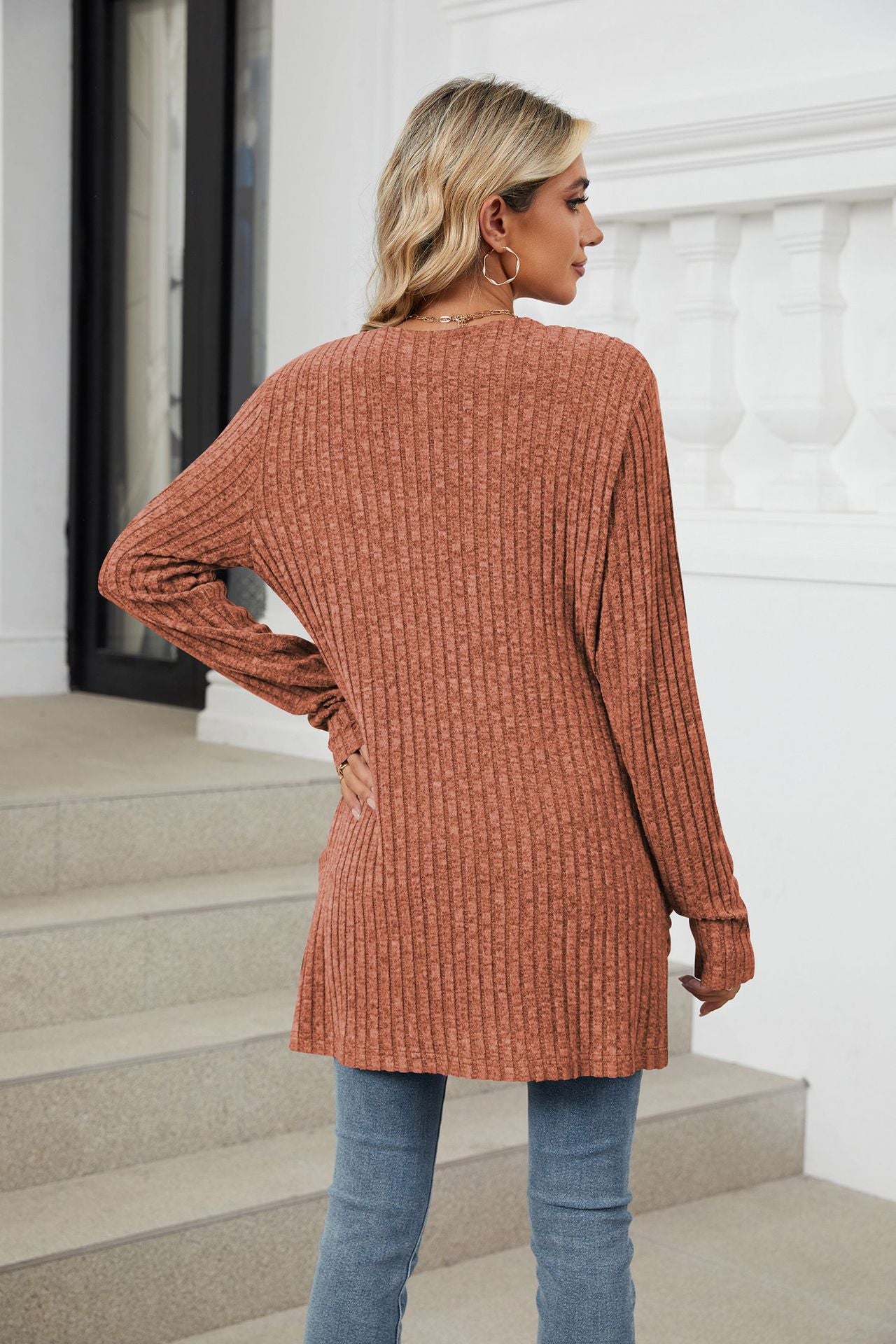 Solid Color Pocket Long-sleeved Bottom Cardigan Knitted Sweater