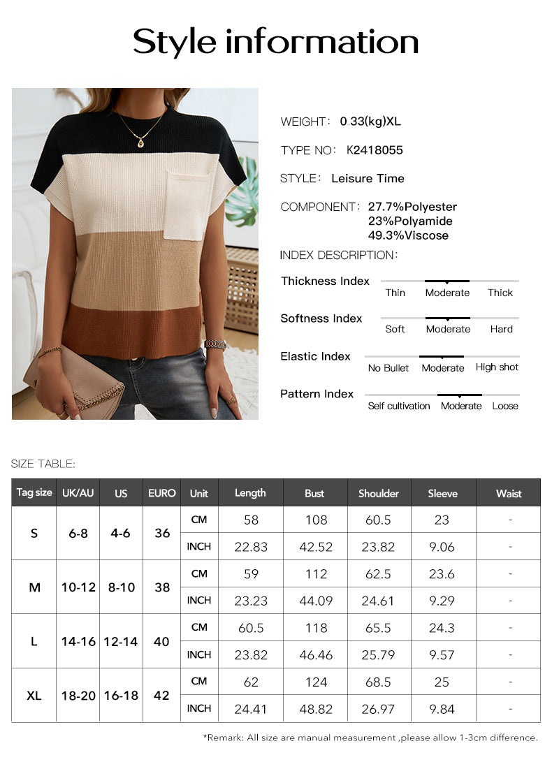 Short-sleeved Sweater Contrast Crew Neck Pullover