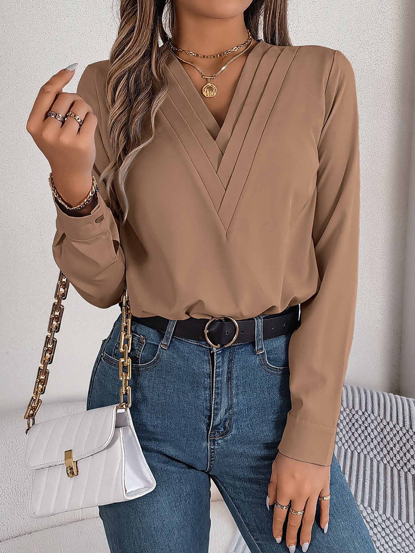 Long Sleeve Tops Pleated V Neck Dressy Casual Blouse Shirt Top