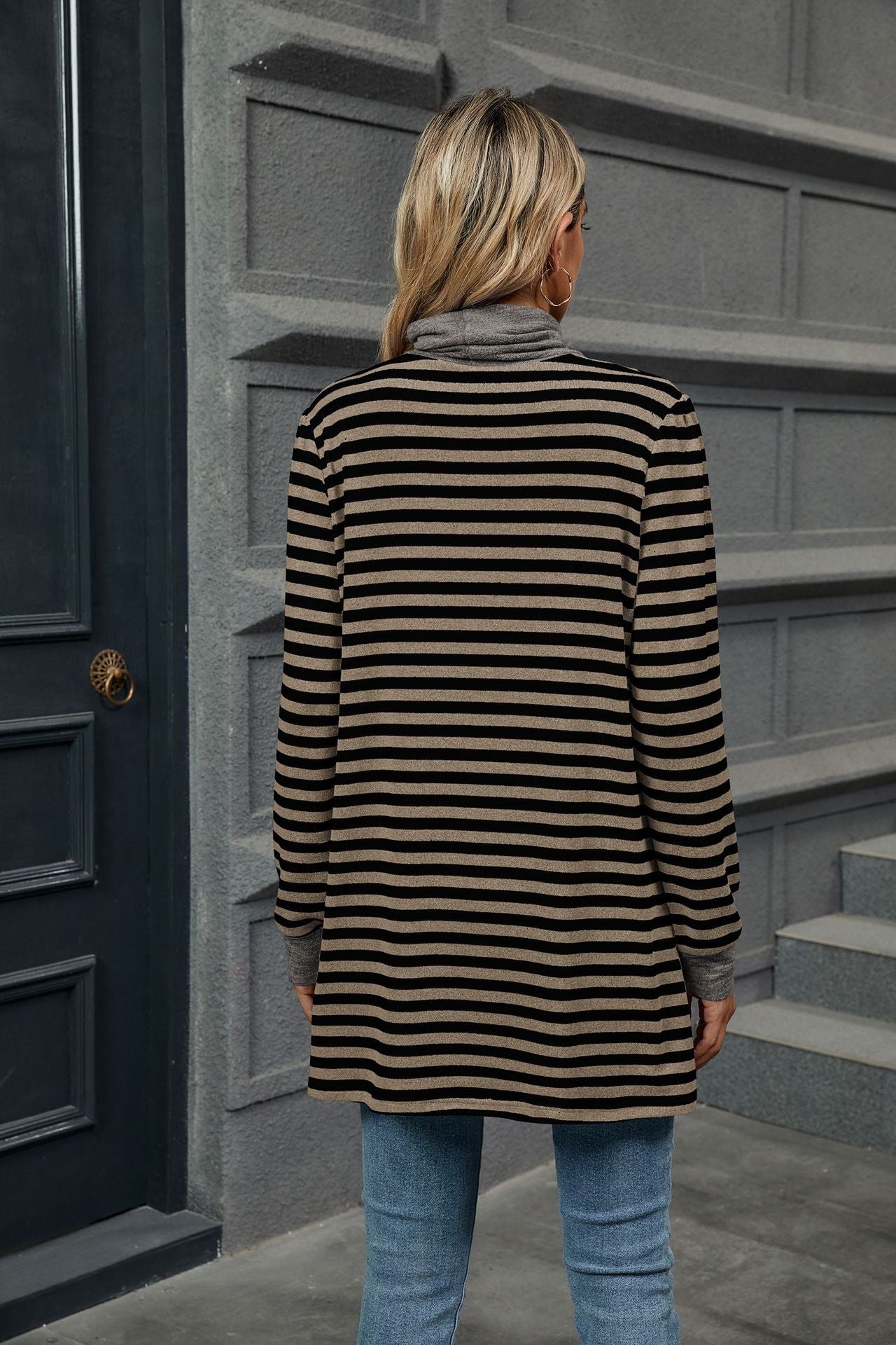 Stripes Contrast Loose Pockets High Neck Long Sleeves