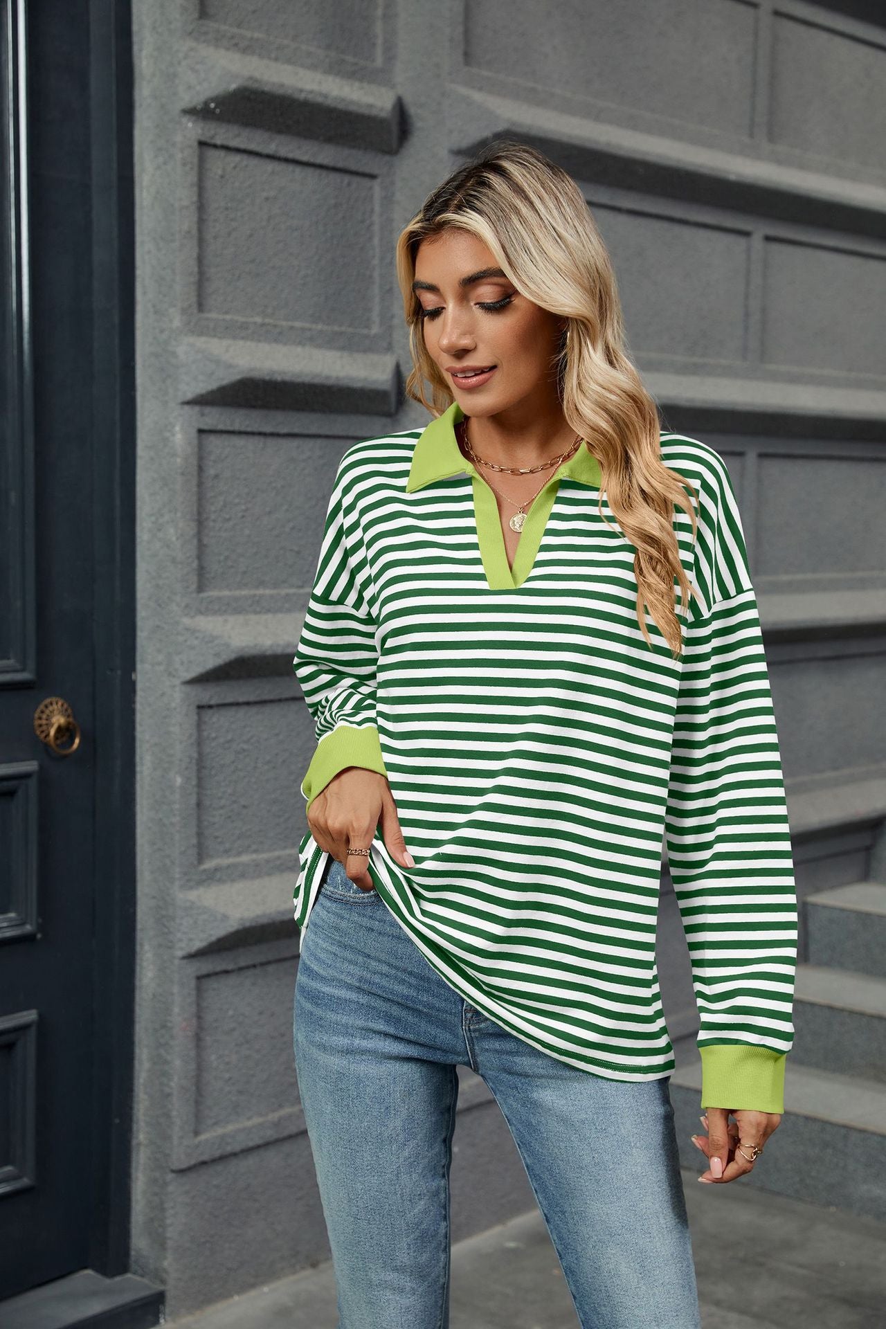 Lapel Loose Long Sleeve Striped Sweater