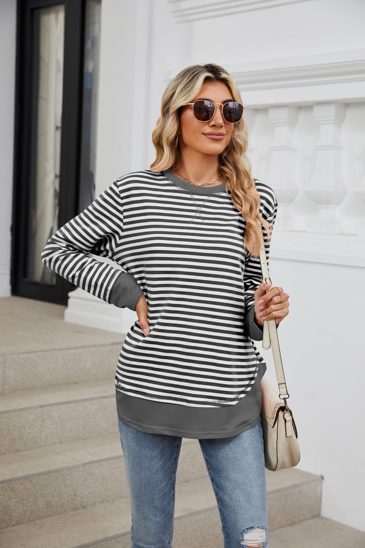 Striped Contrast Color Crew Neck Loose Long Sleeve Sweater