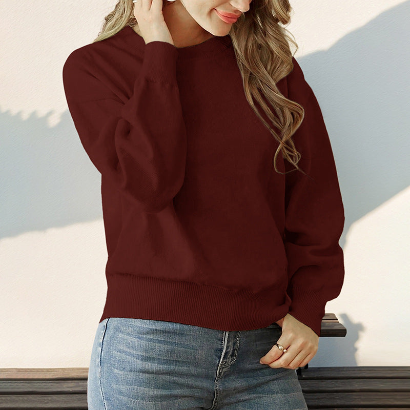 Crew Neck Long Sleeve Solid Color Sweater Women