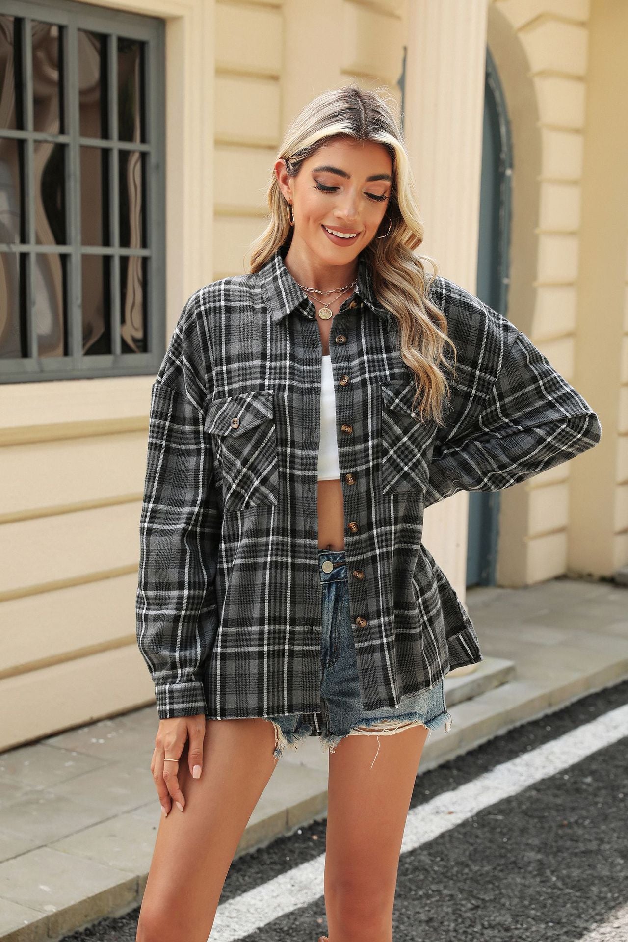 Lapel Pocket Loose Long Sleeve Plaid Shirt