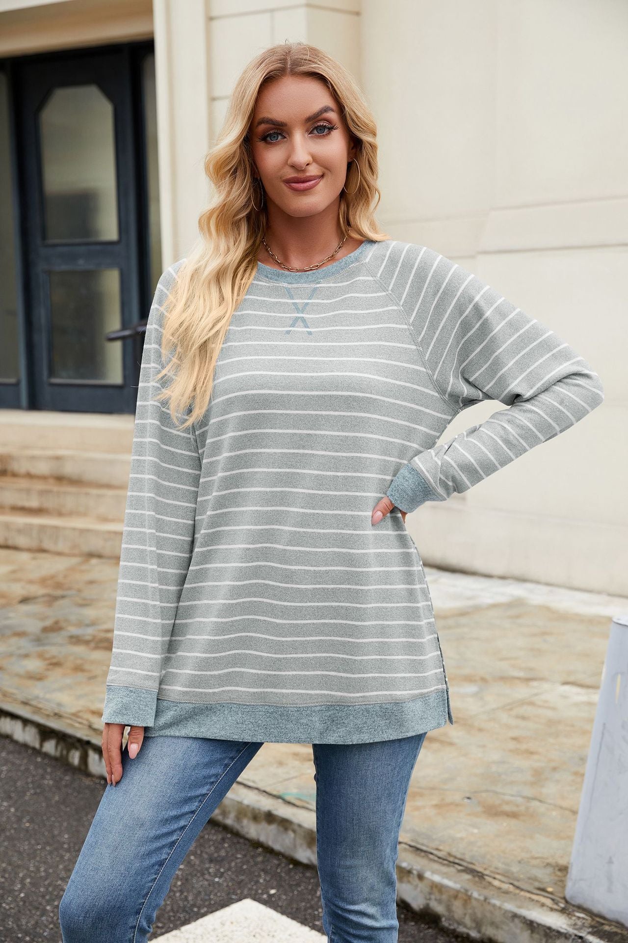 Striped Contrast Color Crew Neck Long Sleeve Loose Casual