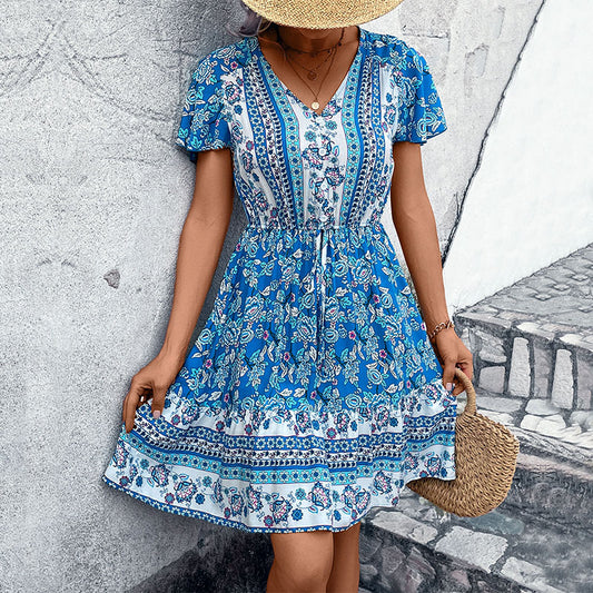 V-neck ethnic style floral dress