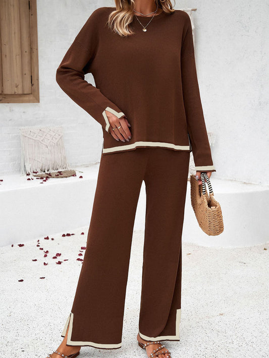 Women's Casual Solid Color Knitted Long-sleeved Sweater and Pants Set