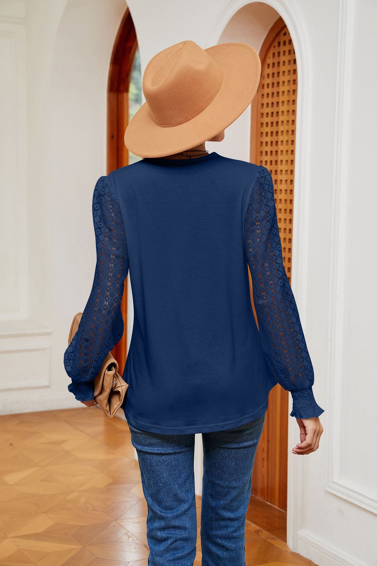 V-Neck Lace Splicing Loose Long Sleeve T-Shirt Top