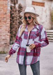 Women's Plaid Jacket Casual Loose Pocket Shirt