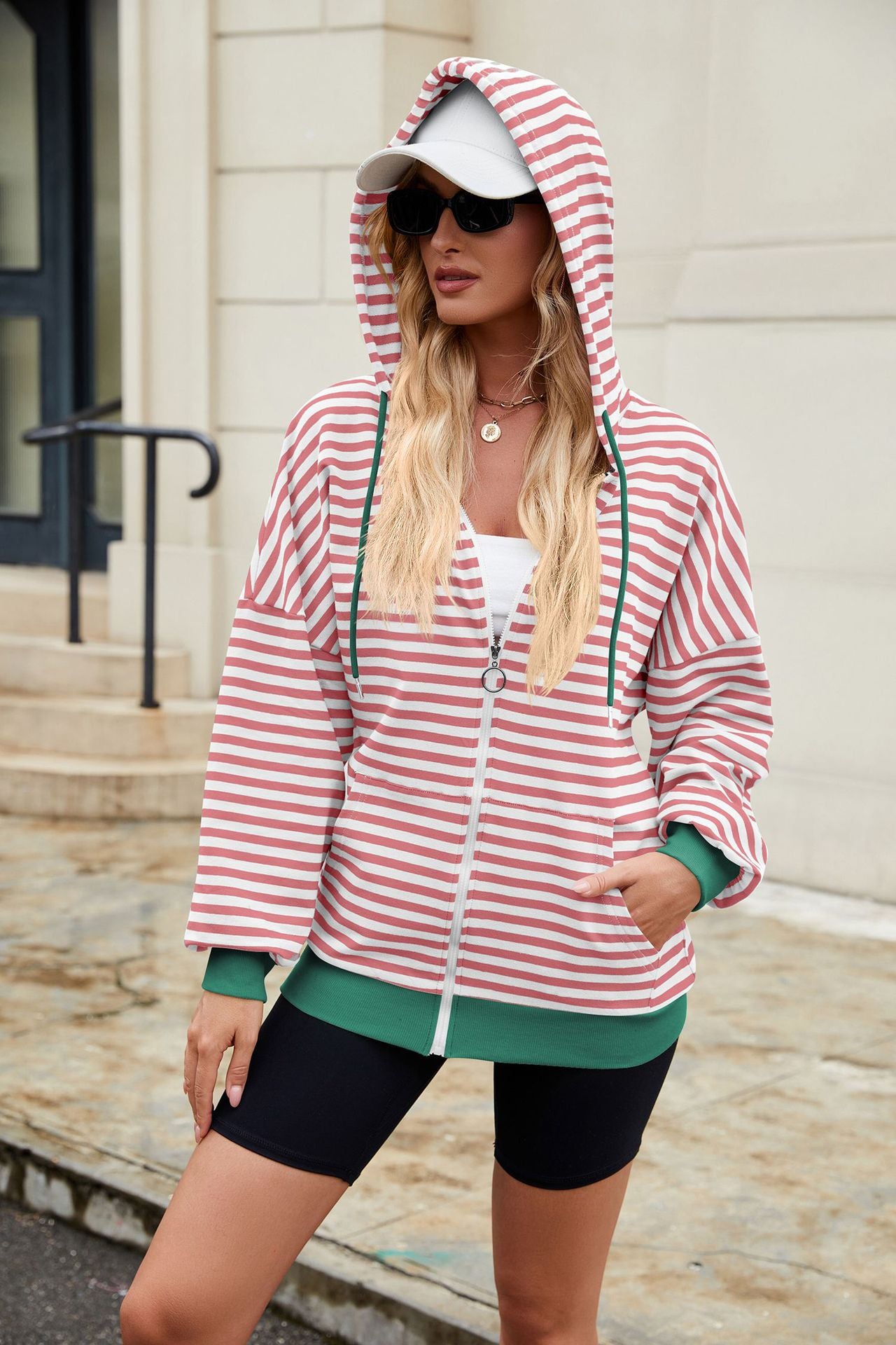 Striped Hooded Contrasting Color Loose Pocket Long Sleeve Sweater Women