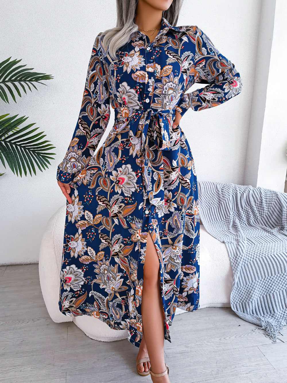 Vintage Floral Collar Tie-Front Shirt Dress Maxi