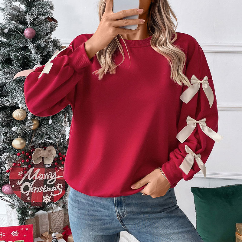 Crew Neck Pullover Top 3D Bowknot Trim Loose Sweatshirts