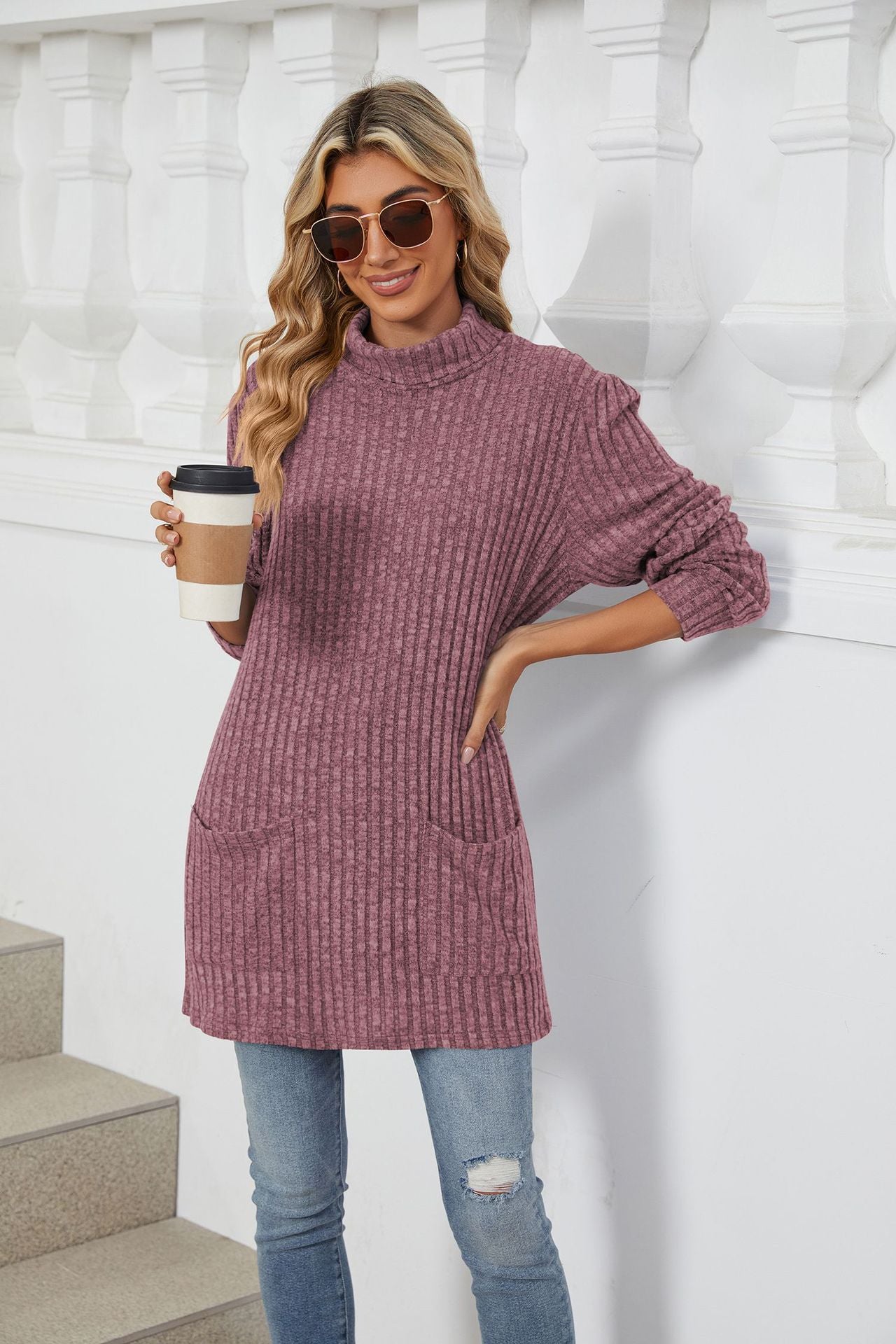 Solid Color Semi-turtleneck Long-sleeved Loose Pocket T-shirt Top