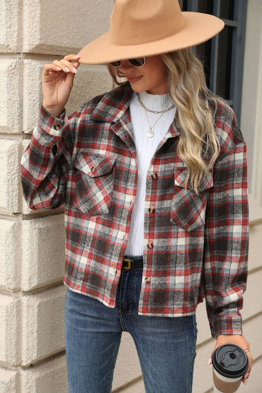 Long Sleeve Loose Pocket Plaid Top Wool Jacket