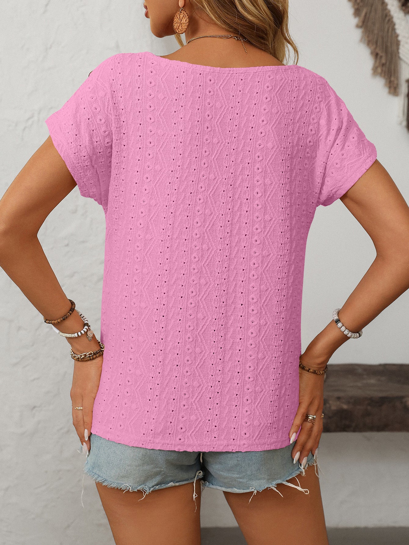 Solid Crewneck Button Short-sleeved Cut-out Top