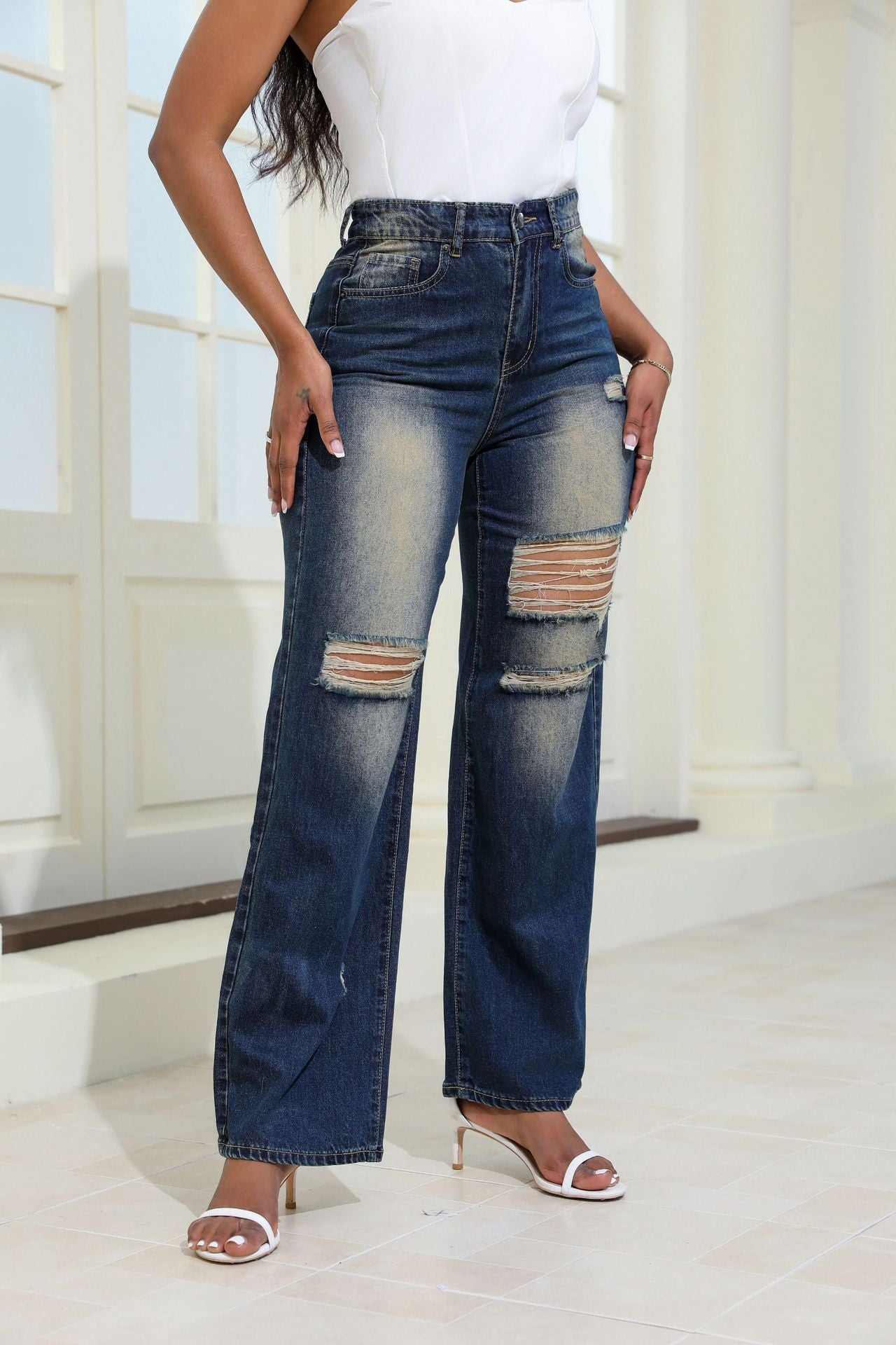 Retro Fashion High Waist Straight Pants Women's Jeans