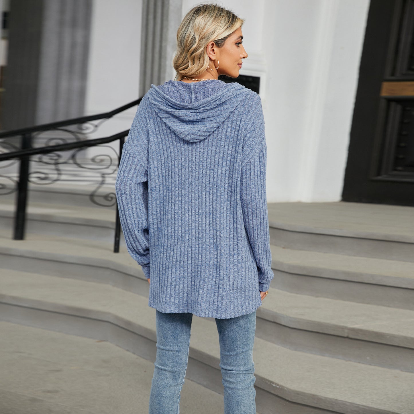 Solid Color Hooded Button-down Sweater