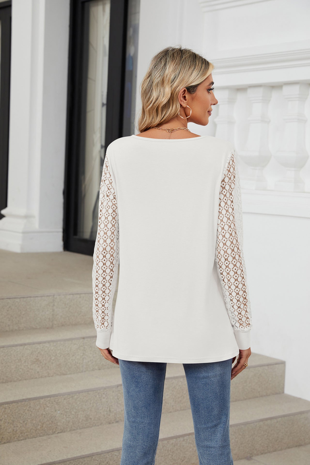 Solid Color Lace Splicing Loose Long-sleeved T-shirt Top