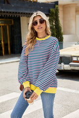 Striped Crew Neck Contrast Color Loose Long Sleeve Sweater