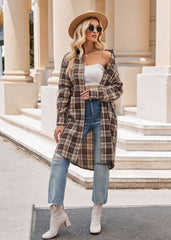 Women's Casual Fashion Loose Long Trench Coat Plaid Shirt