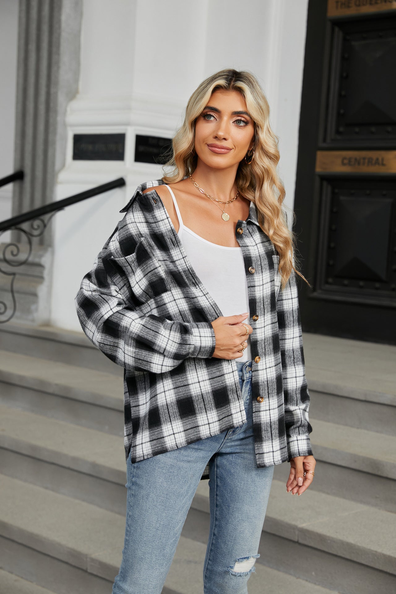 Long Sleeve Pocket Button Plaid Shirt