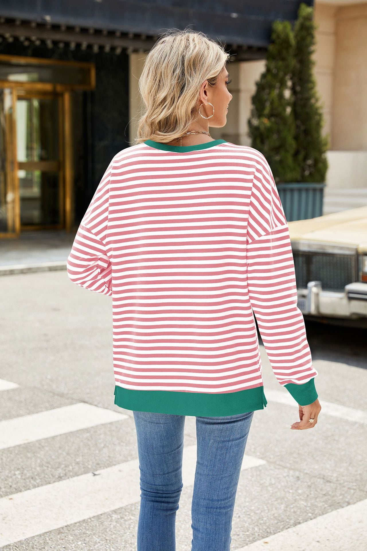 Contrasting Crew Neck Split Long Sleeve Loose Striped Sweater