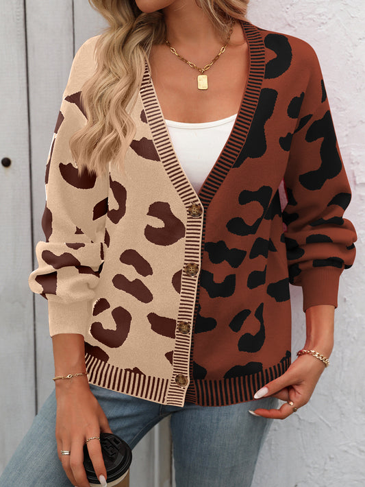 Clothing Contrasting Leopard Print V-neck Cardigan Sweater Jacket