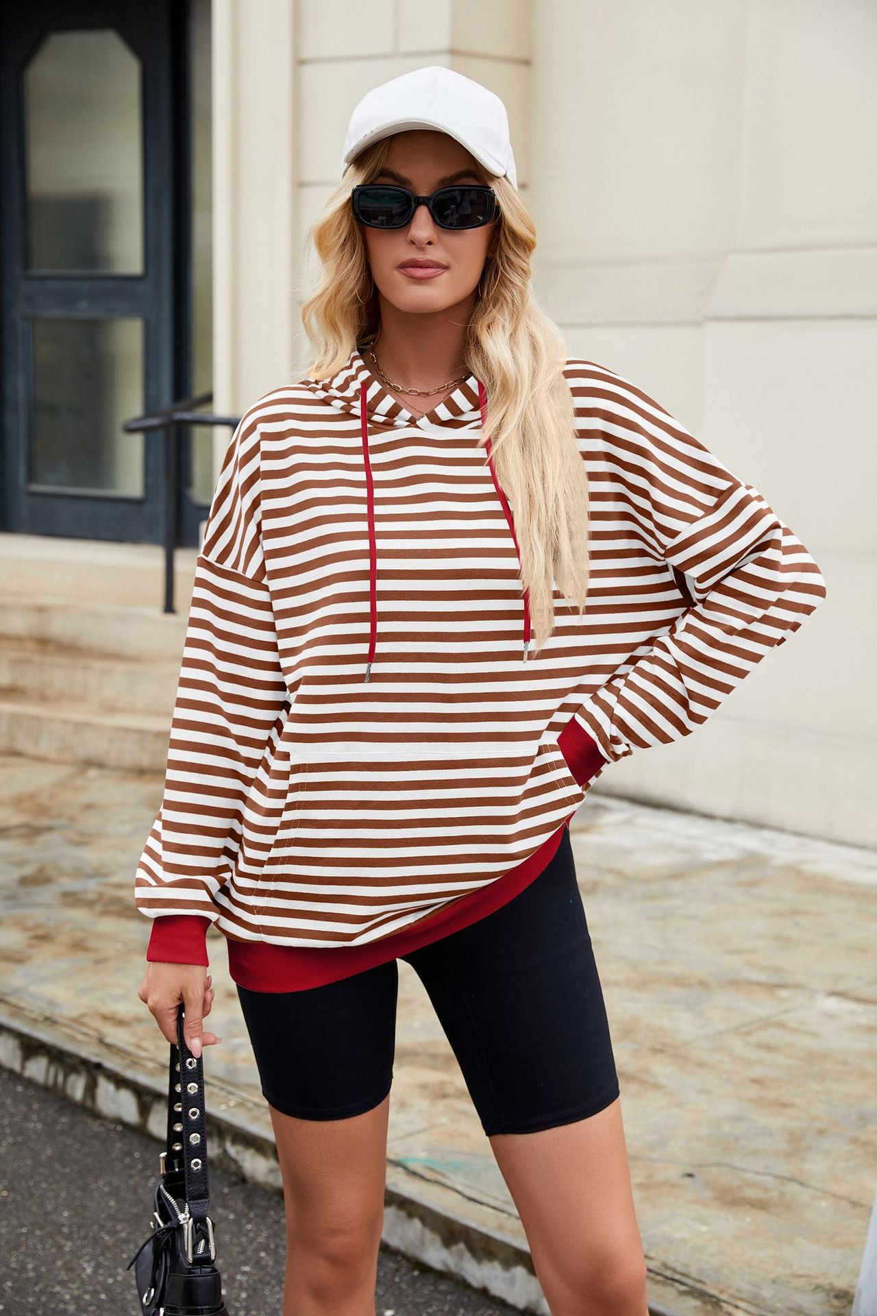 Striped Contrast Casual Hooded Loose Pocket Sweater