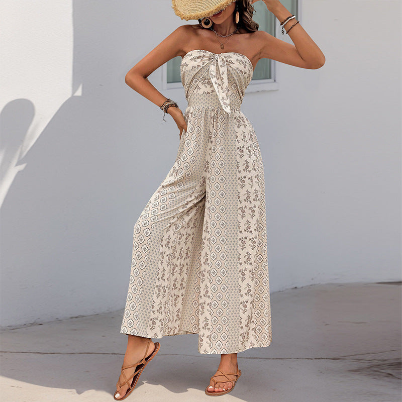 Strapless Smocked Romper Tube Top Flare Trousers Jumpsuit