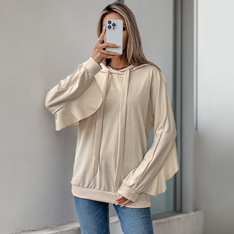 Drawstring Hooded Ruffle Edge Long Sleeve Pocket Solid Color Sweater Women