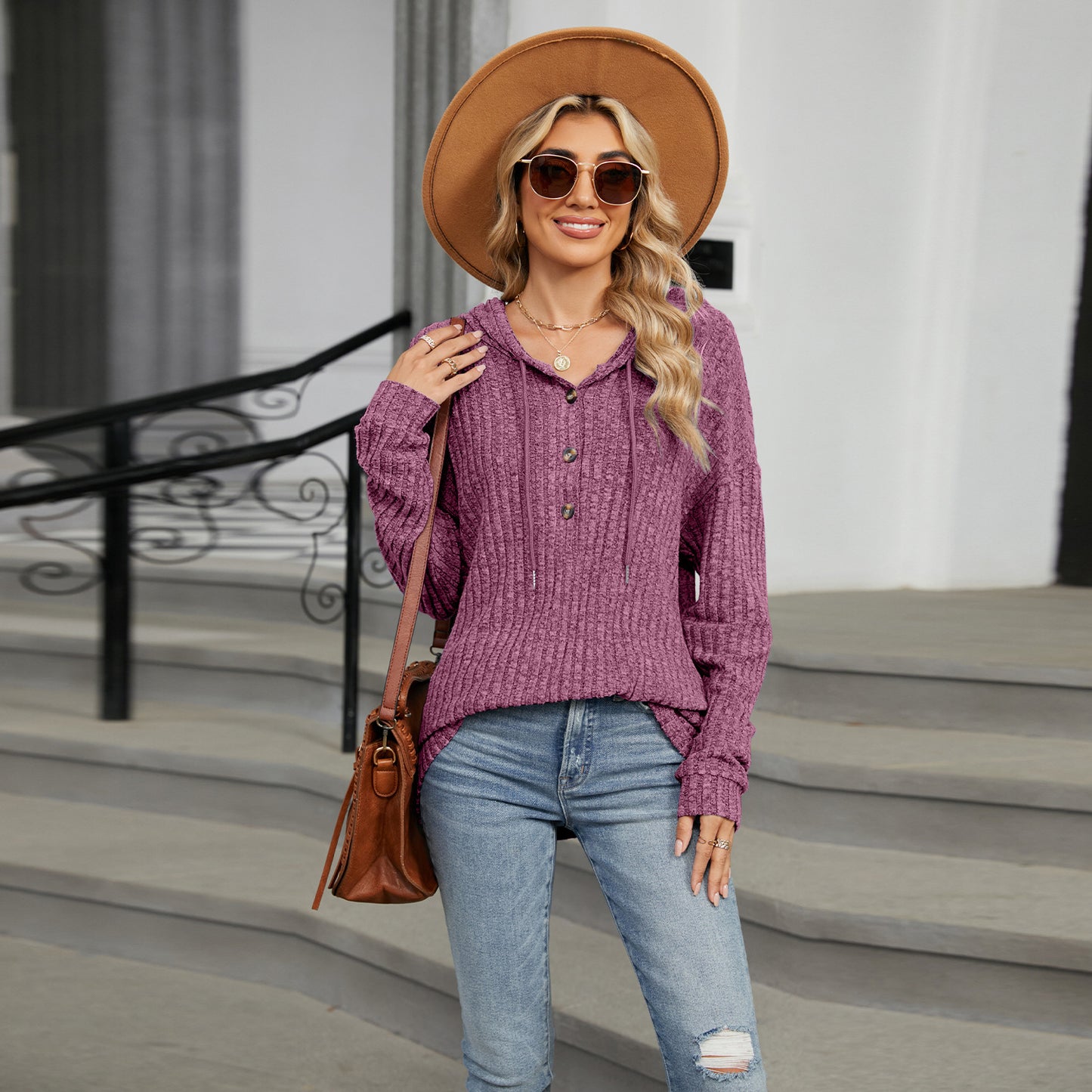 Solid Color Hooded Button-down Sweater