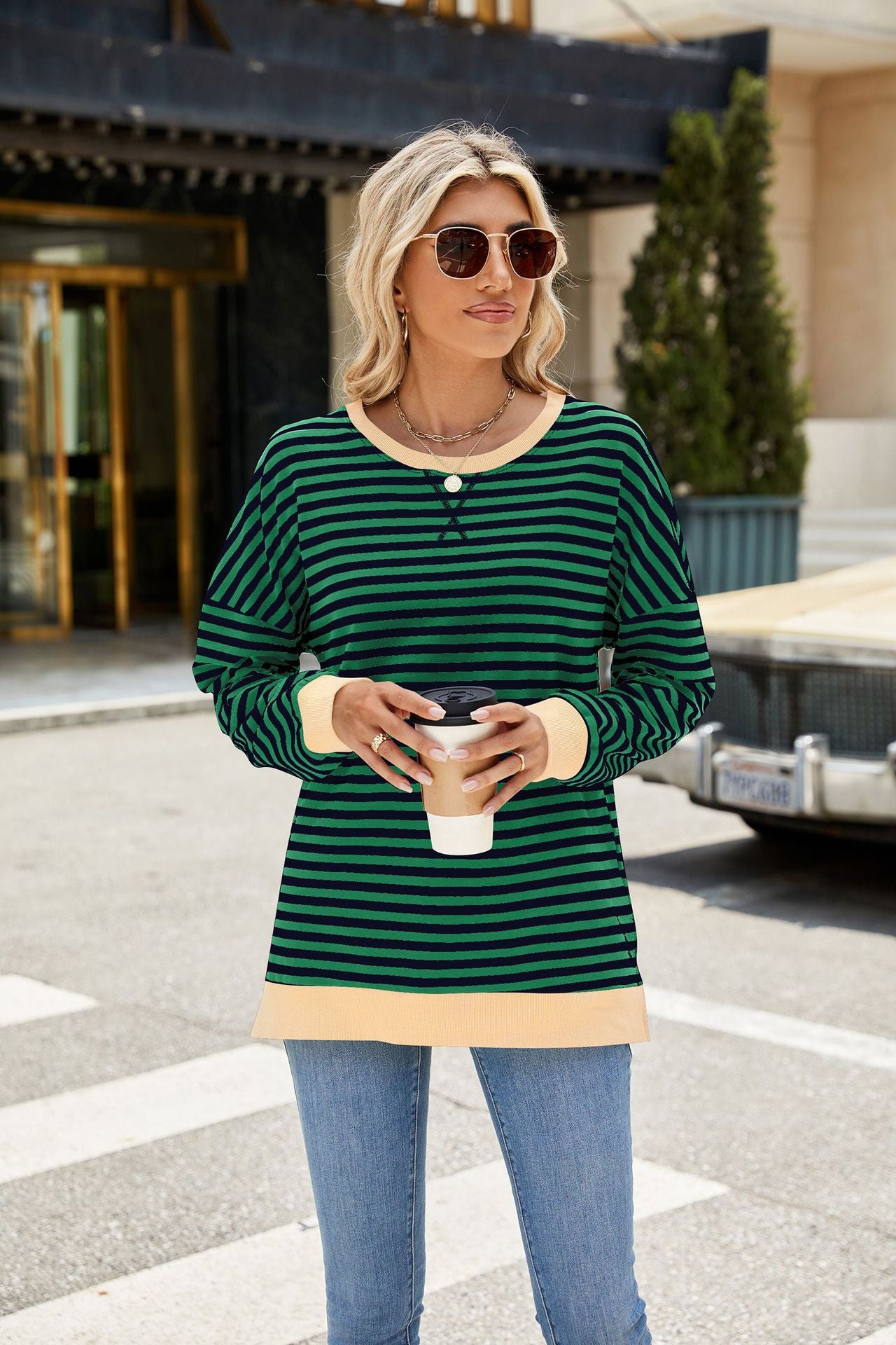 Contrasting Crew Neck Split Long Sleeve Loose Striped Sweater