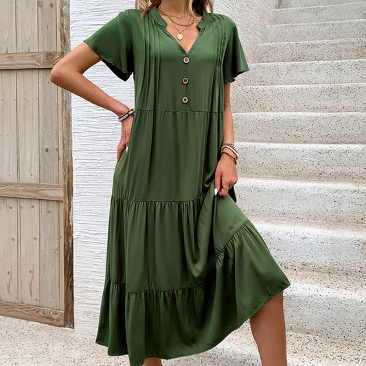 Women Summer Dresses Short Sleeves V Neck Button Drawstring Maxi Dresses Solid Color Boho Long Dresses