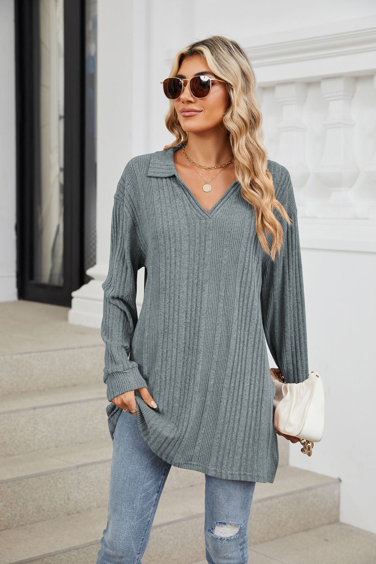 Solid Color V-neck Long-sleeved Loose T-shirt Top