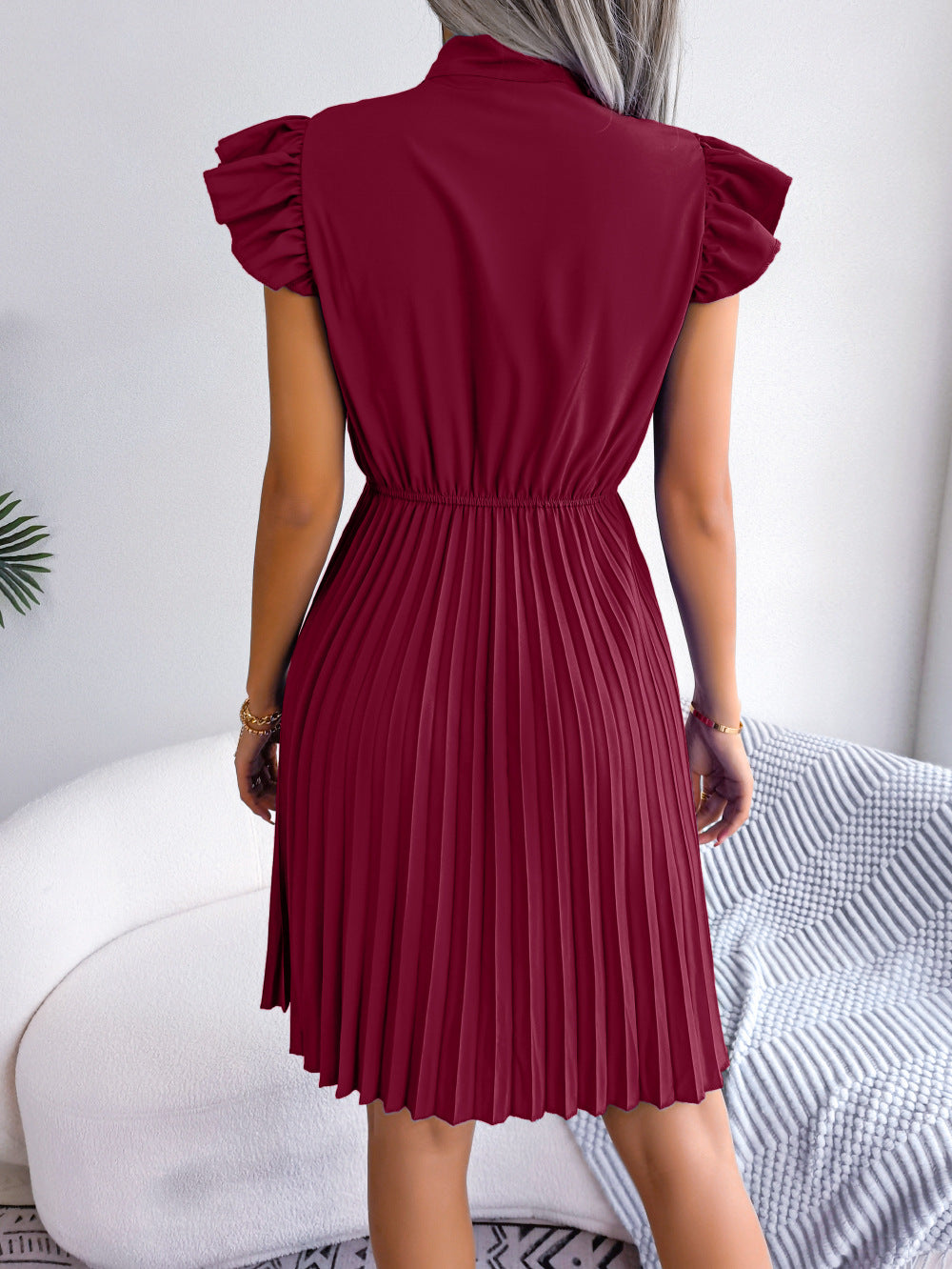 Lace-up Waisted Pleated with Large Swing Dress