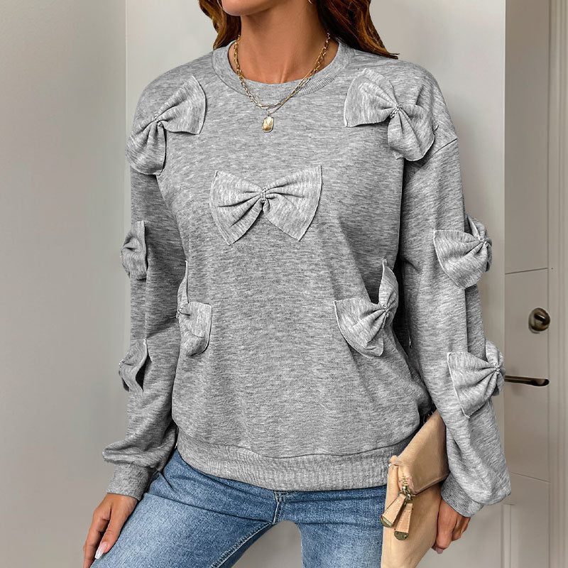 Casual Sweatshirt Crew Neck Bow Patchwork Gray Long Sleeve Tops