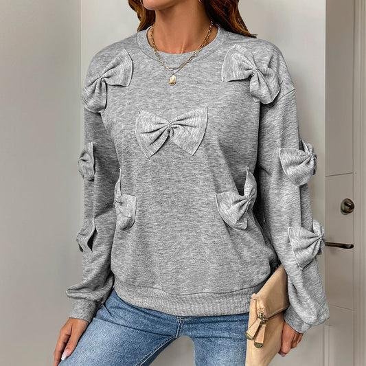 Casual Sweatshirt Crew Neck Bow Patchwork Gray Long Sleeve Tops