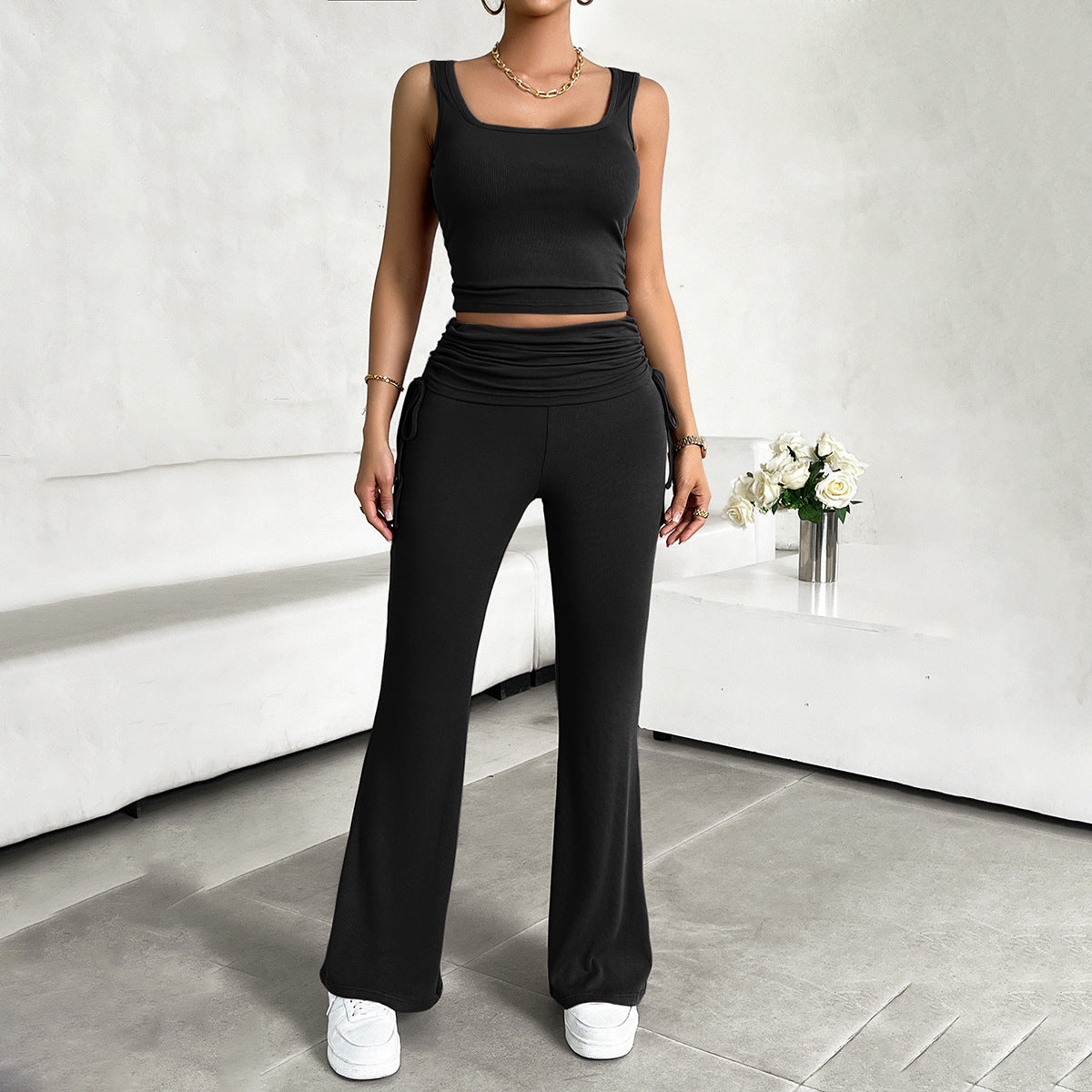 Women's Casual Solid Color Slim-fit Vest Trousers Set