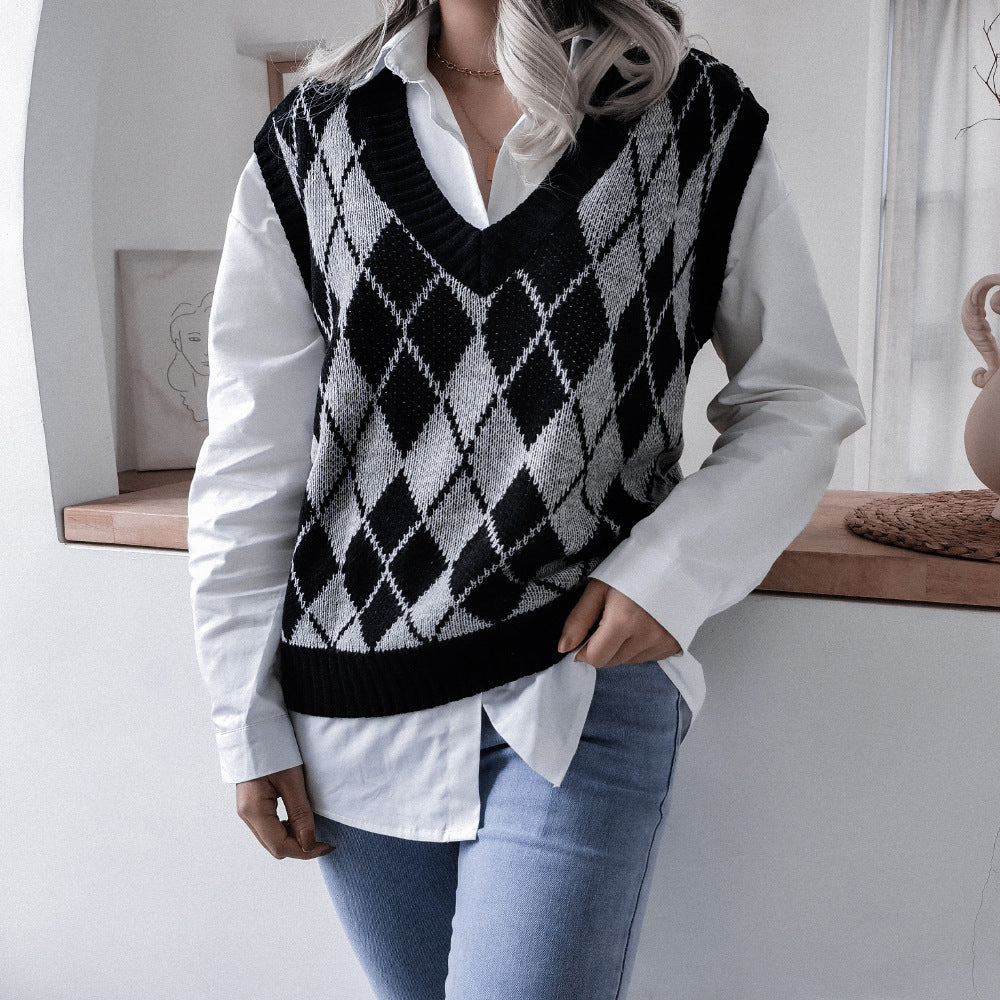 College Rhombus V-Neck Casual Loose Knitted Vest Sweater