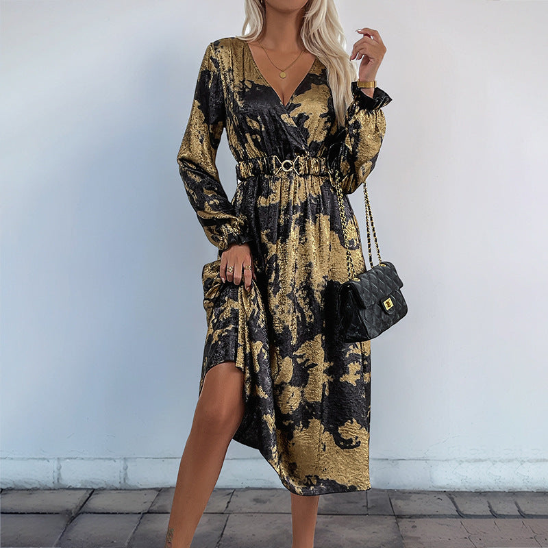 Luxury Fall V-Neck Long Sleeve Gold Foil A-Line Dress