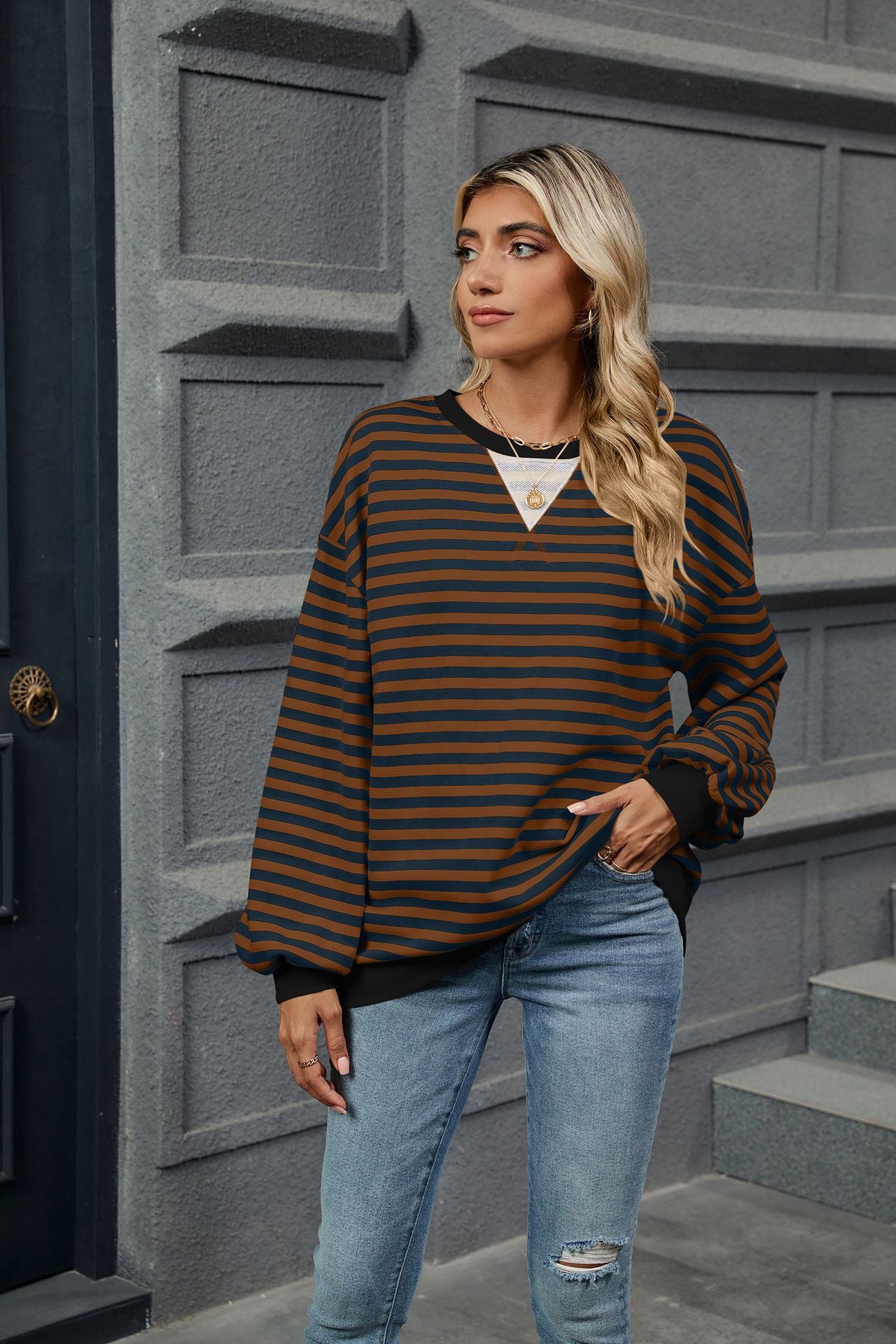 Contrasting Color Splicing Loose Long-sleeved Striped Crew Neck Sweater