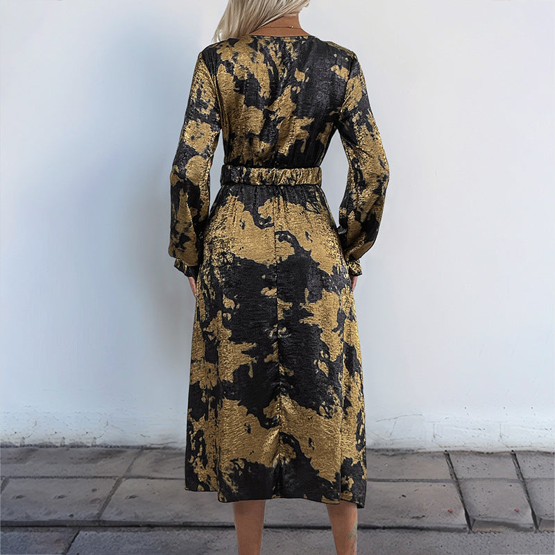 Luxury Fall V-Neck Long Sleeve Gold Foil A-Line Dress