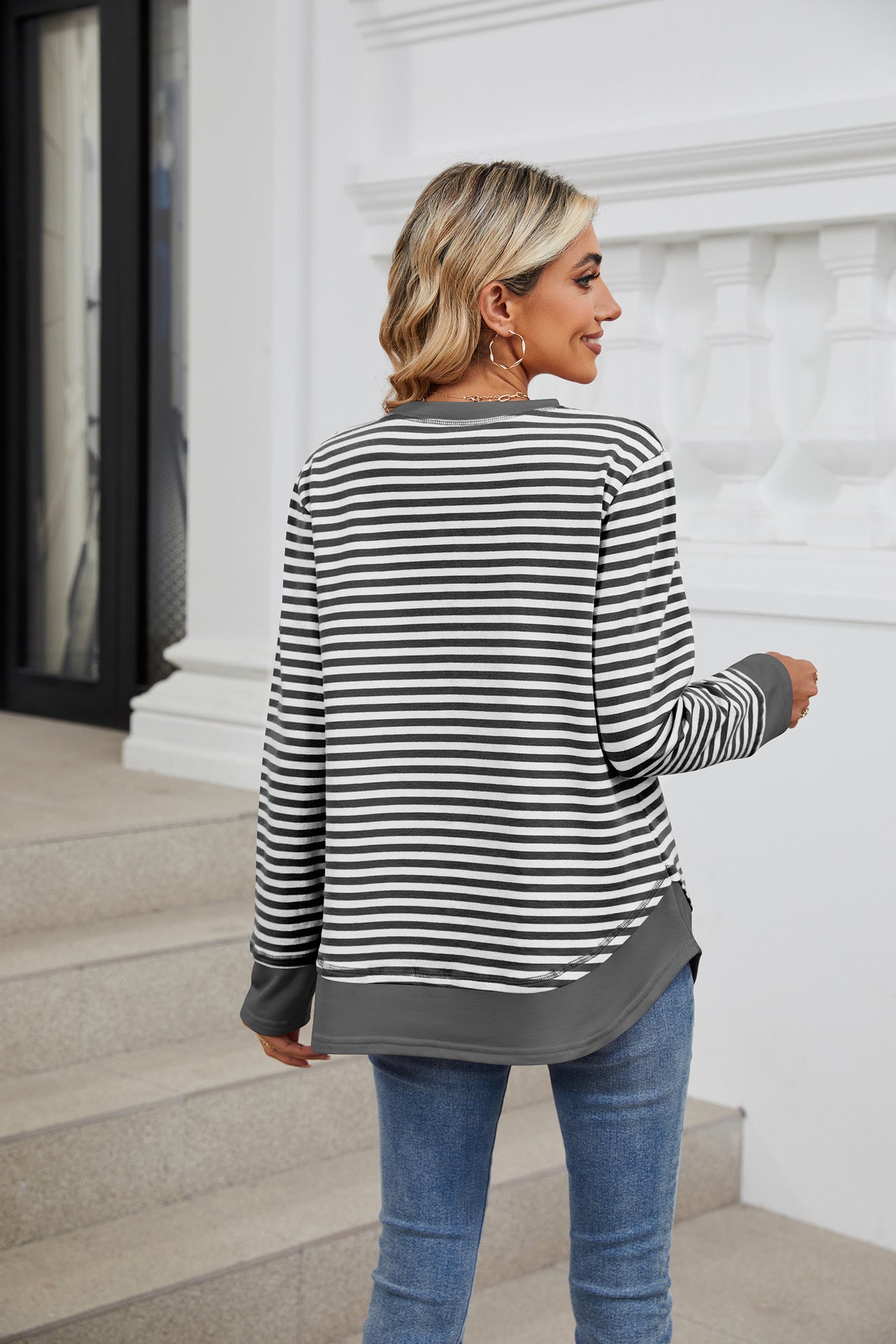 Striped Contrast Color Crew Neck Loose Long Sleeve Sweater