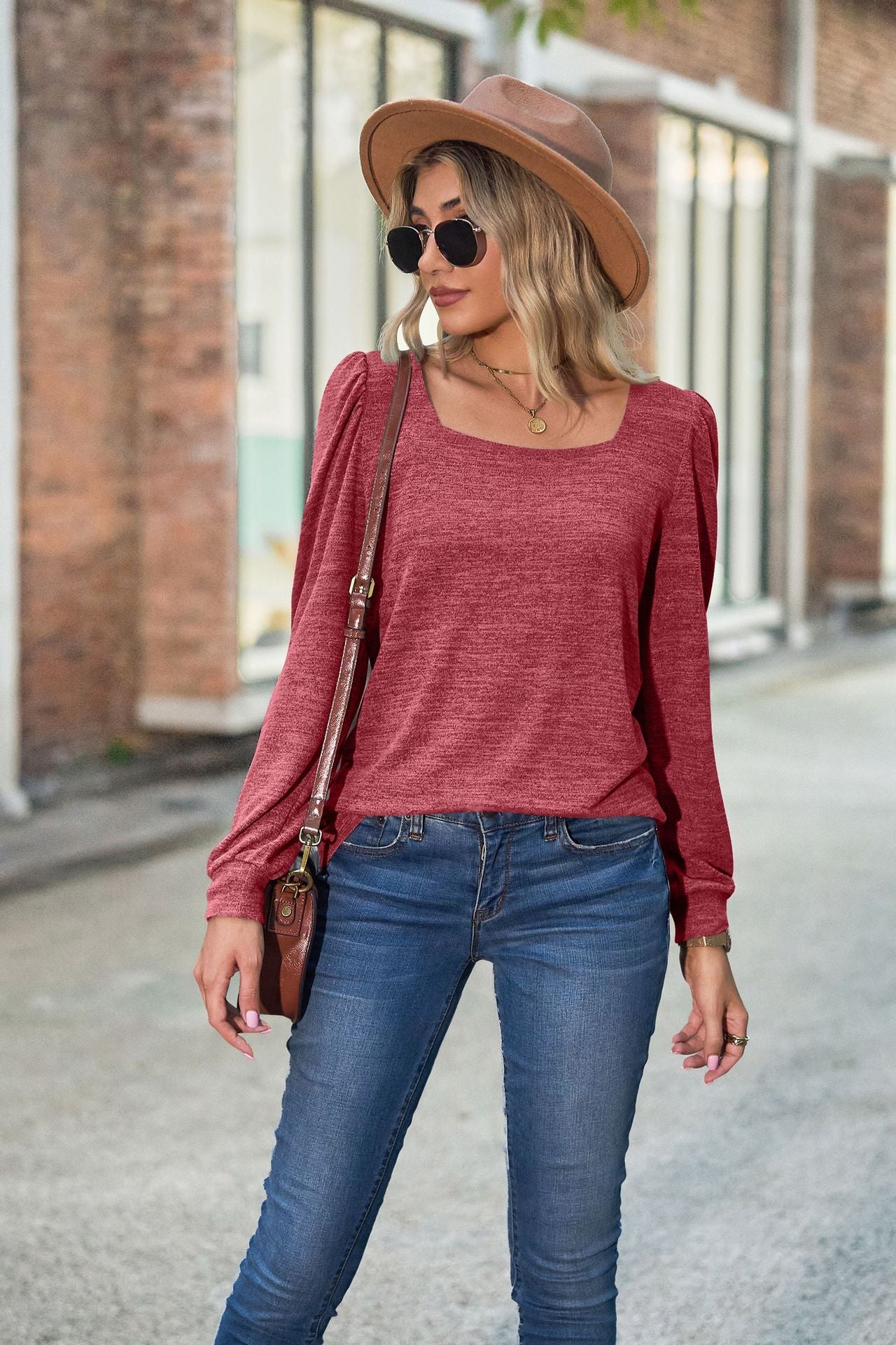 Loose Casual Bubble Sleeves Square Neck Long-sleeved T-shirt